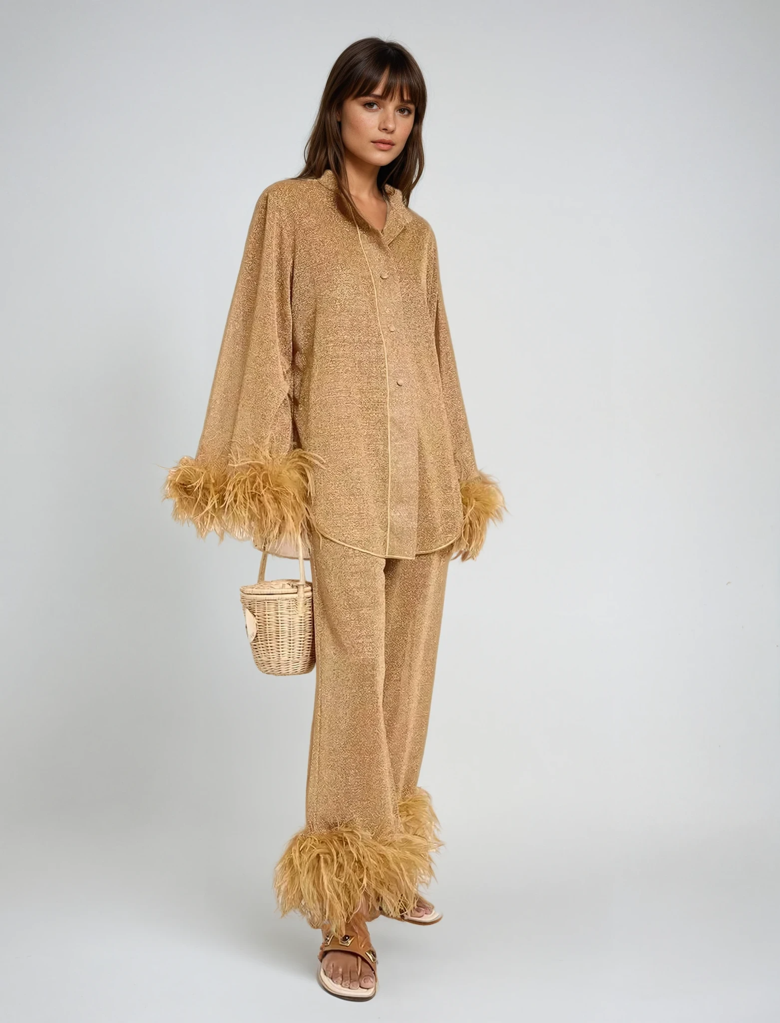 Ruby | Feather Collar Two-Piece Set Khaki Light Brown Dresses