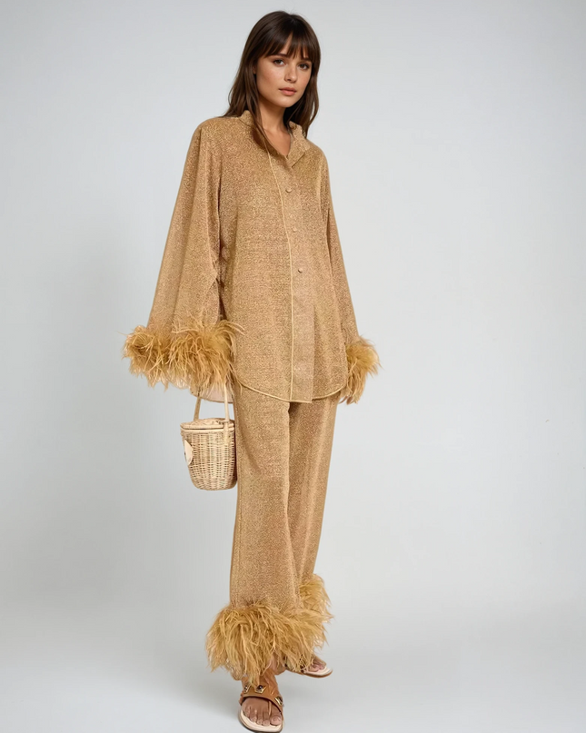 Ruby | Feather Collar Two-Piece Set Khaki Light Brown