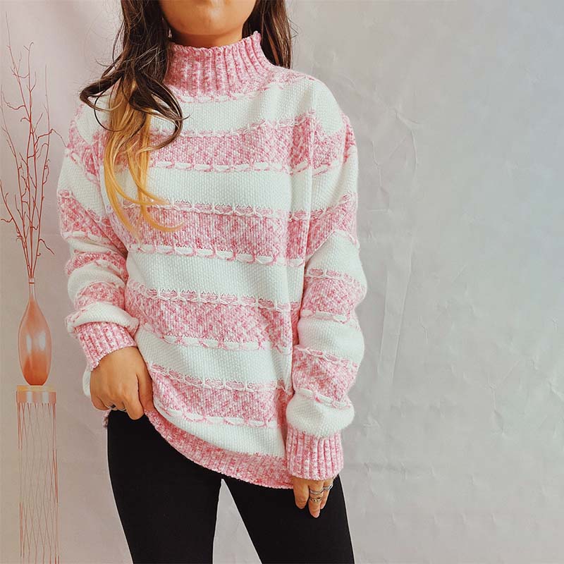 Two-Tone Striped Turtleneck Sweater Pink sweater