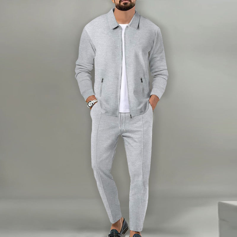 Men's Breathable Waffle Knit 2-Piece Set with Zippered Lapel Cardigan and Pants Grey Men Set