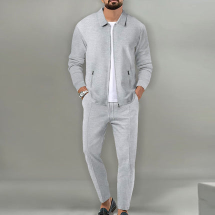 Men's Breathable Waffle Knit 2-Piece Set with Zippered Lapel Cardigan and Pants Grey Men Set