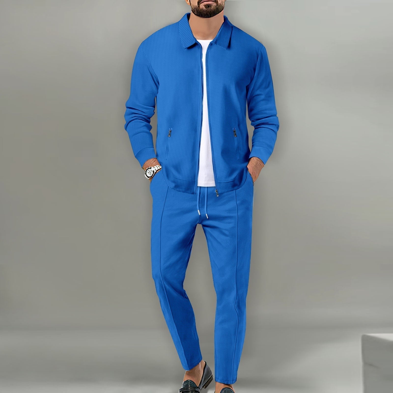 Men's Breathable Waffle Knit 2-Piece Set with Zippered Lapel Cardigan and Pants Blue Men Set