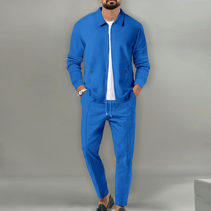 Men's Breathable Waffle Knit 2-Piece Set with Zippered Lapel Cardigan and Pants Blue Men Set