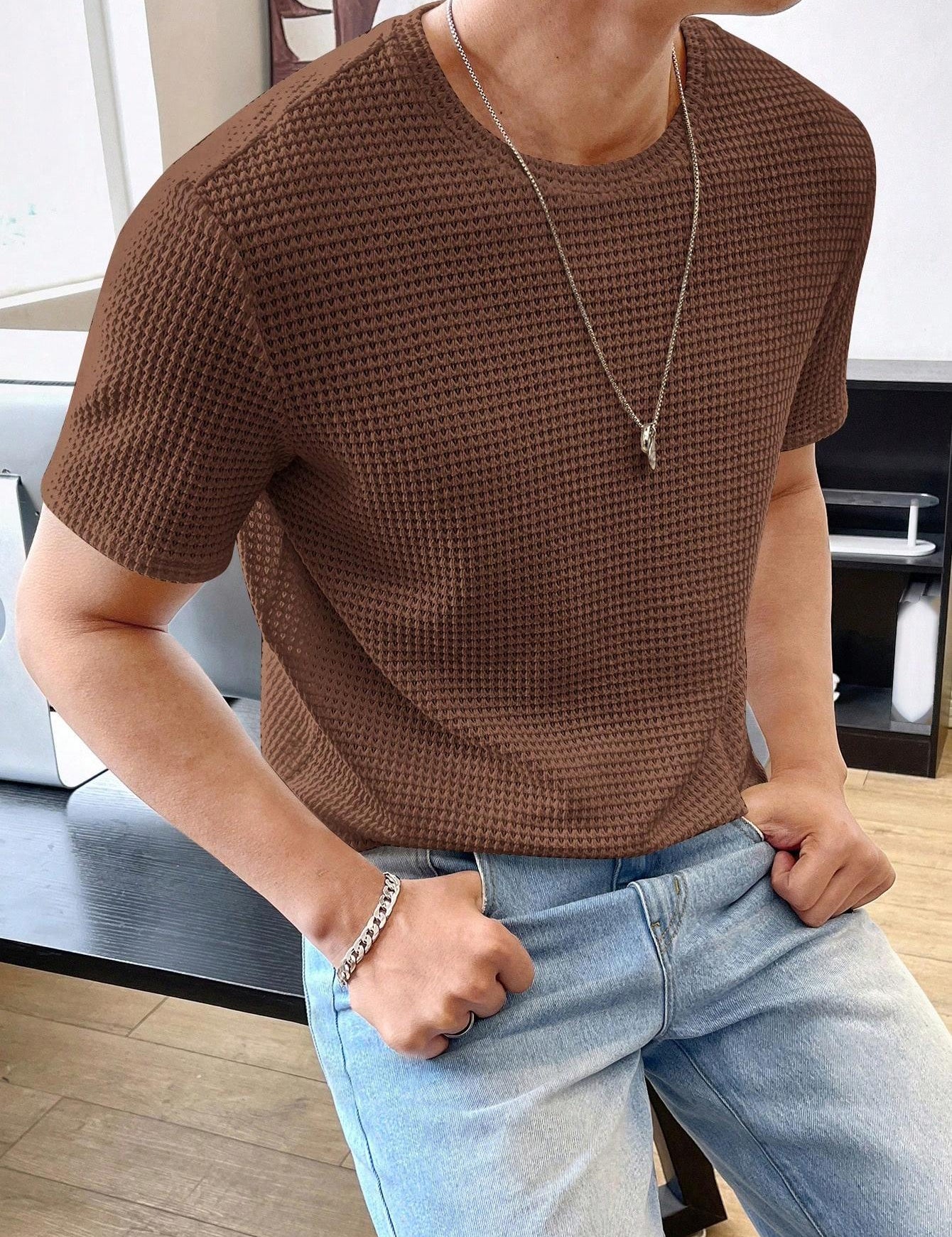 Men's Casual Loose Solid Color Short Sleeve T-Shirt Brown T-Shirts