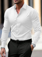 Men's Summer Solid Color Long Sleeve Lapel Shirt White Shirt