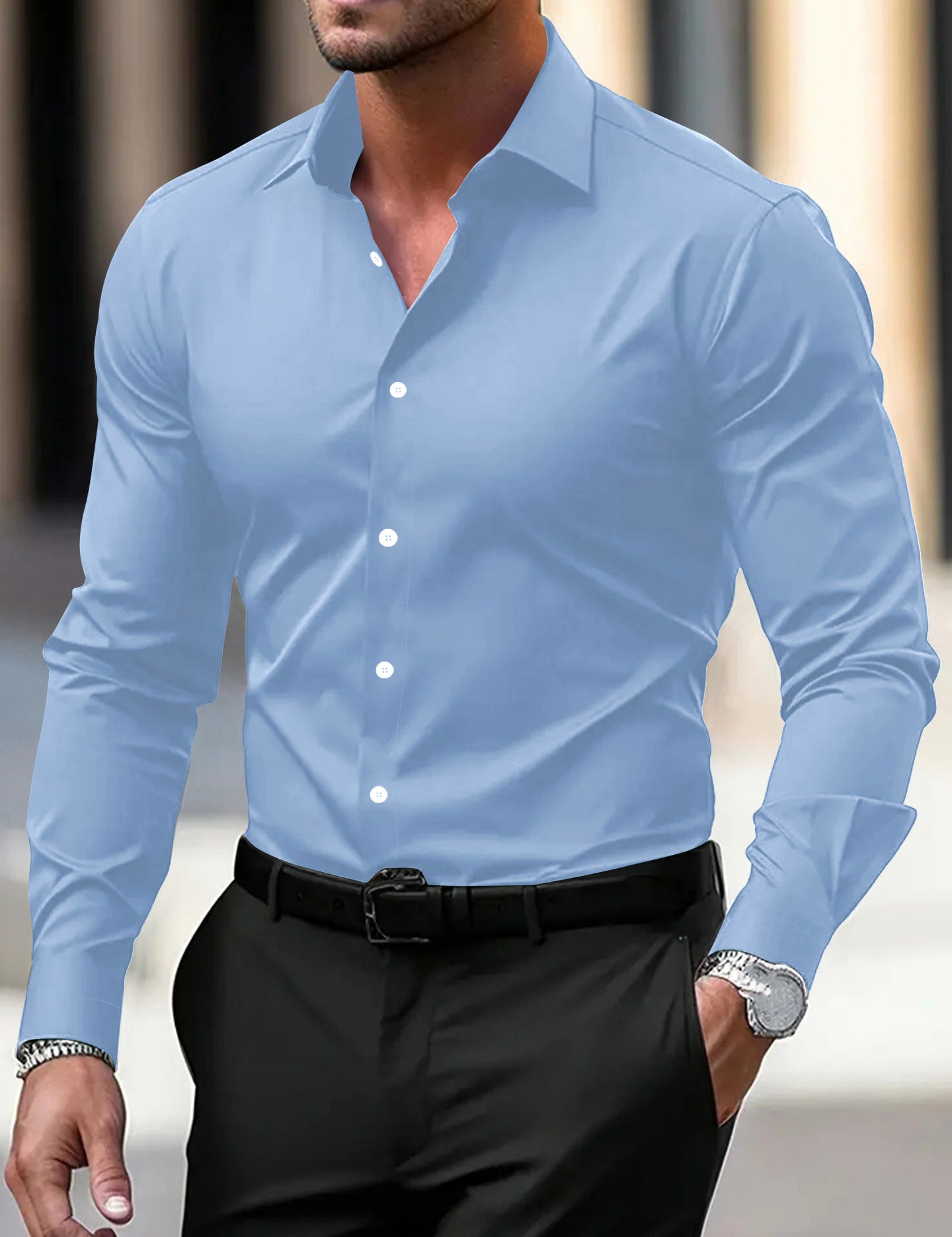 Men's Summer Solid Color Long Sleeve Lapel Shirt Sky Blue Shirt