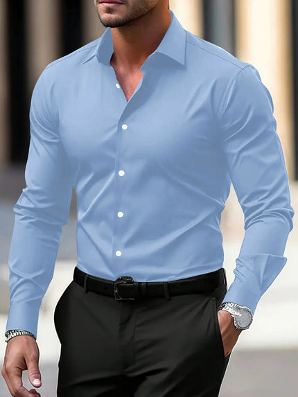 Men's Summer Solid Color Long Sleeve Lapel Shirt Sky Blue Shirt