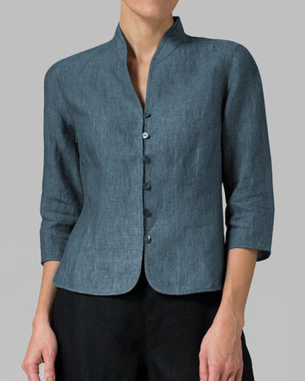 Women’s Slim Fit Button Jacket – Sleeve V-Neck Stand Collar Solid Color Outwear Top Slabstone Gray Women Tops