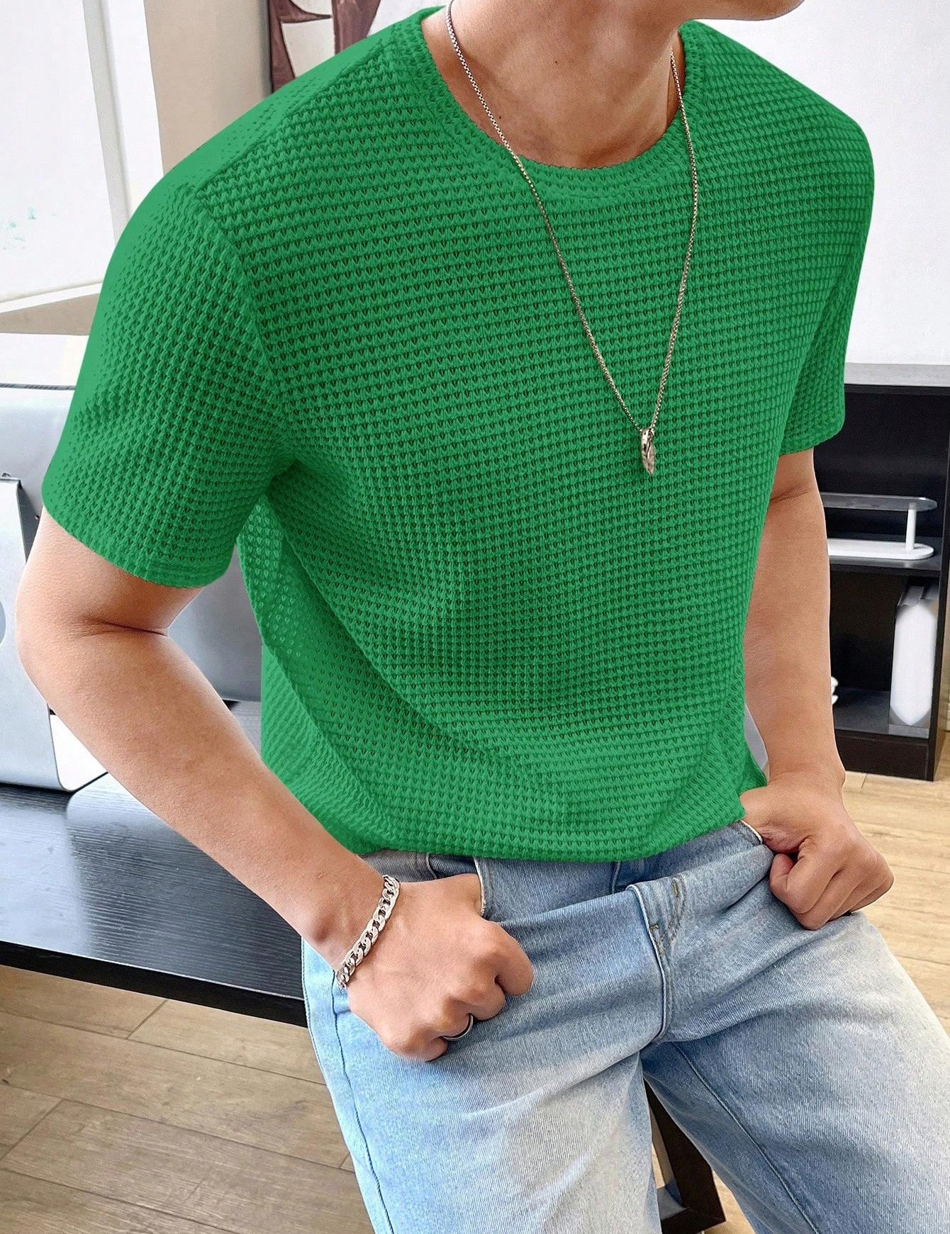 Men's Casual Loose Solid Color Short Sleeve T-Shirt Green T-Shirts