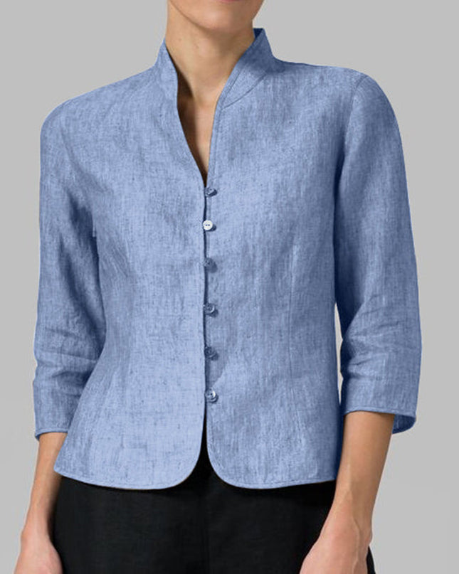 Slim Three-quarter Sleeve Button Jacket INS Fashion V-neck Stand Collar Outwear Tops Solid Color Clothing For Women Light Blue
