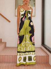 Unique Painted Print Suspenders Wide-leg Jumpsuit Dresses