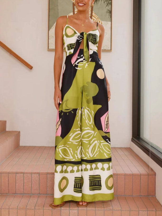Unique Painted Print Suspenders Wide-leg Jumpsuit Dresses