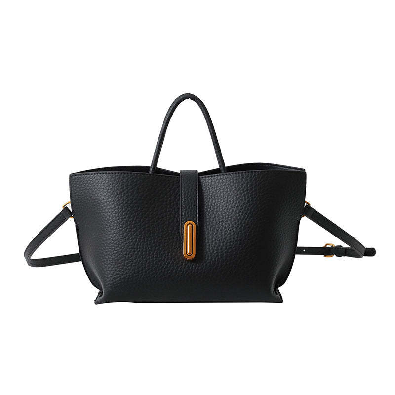 Women's Litchi Pattern Shoulder Bucket Bag Black Bag