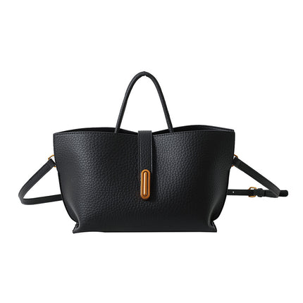Women's Litchi Pattern Shoulder Bucket Bag Black Bag