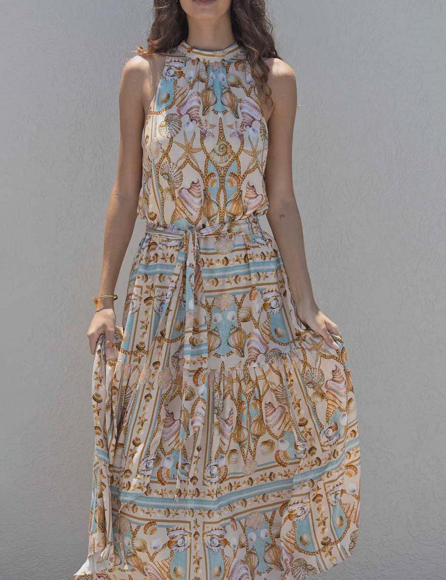 Exquisite Satin Ocean Treasure Print Maxi Dress Apricot Dresses