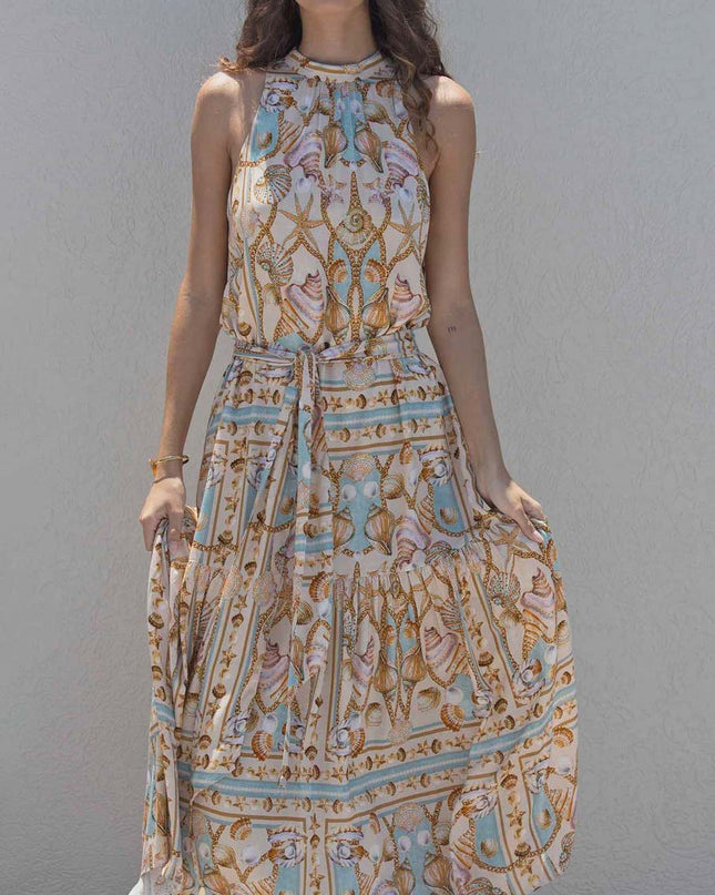 Exquisite Satin Ocean Treasure Print Maxi Dress Apricot Dresses