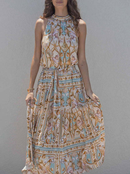 Exquisite Satin Ocean Treasure Print Maxi Dress Apricot Dresses