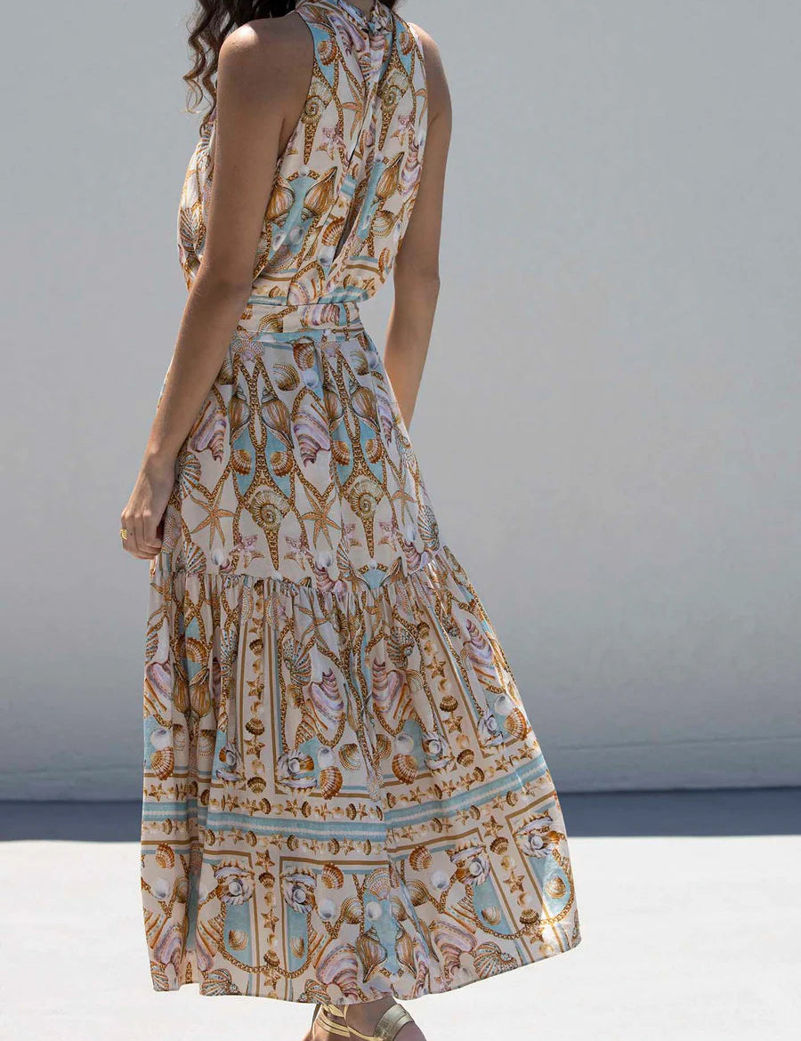 Exquisite Satin Ocean Treasure Print Maxi Dress Dresses