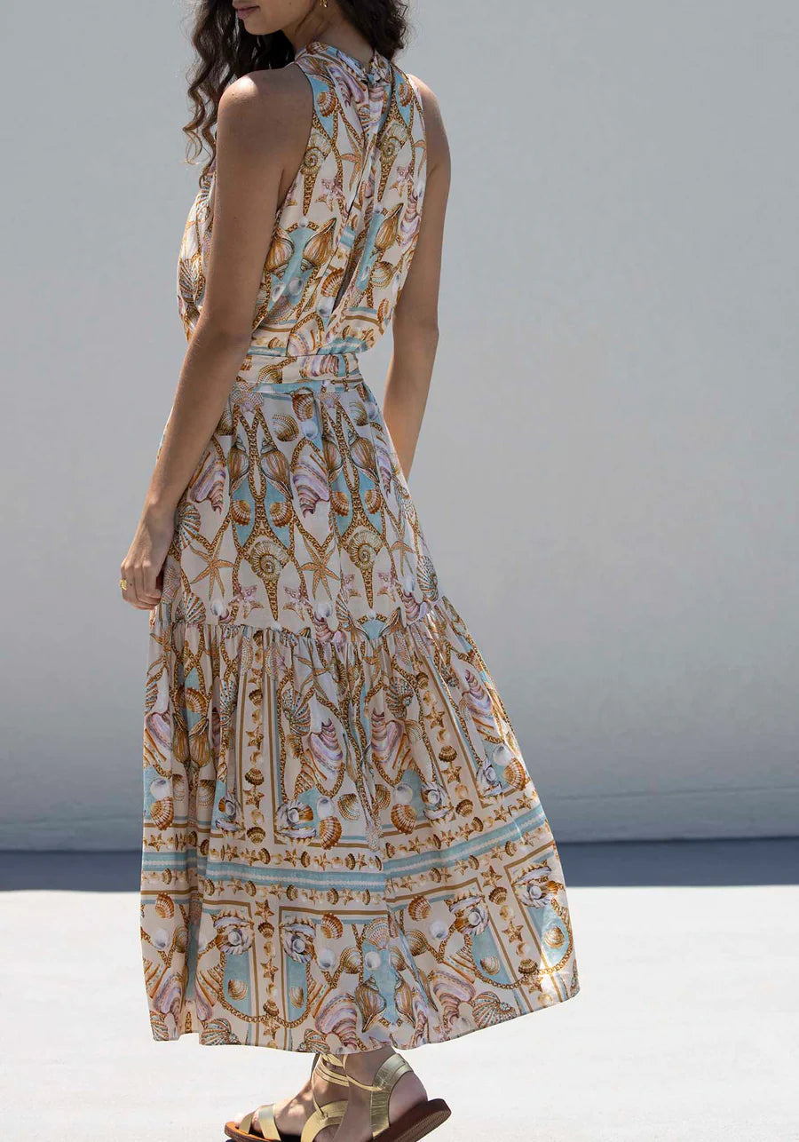 Exquisite Satin Ocean Treasure Print Maxi Dress Dresses