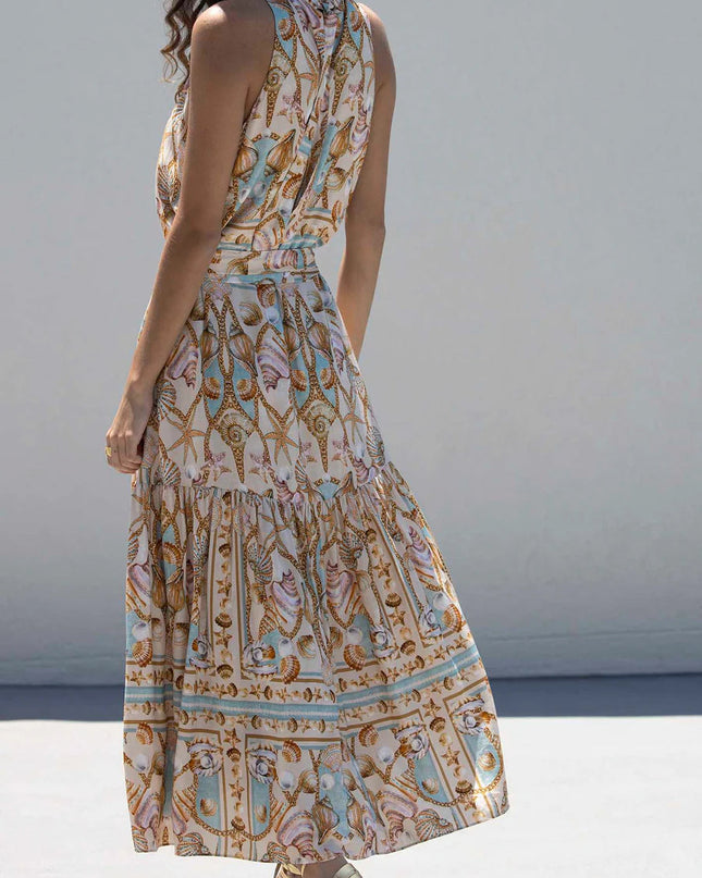 Exquisite Satin Ocean Treasure Print Maxi Dress Dresses