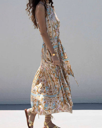 Exquisite Satin Ocean Treasure Print Maxi Dress Dresses