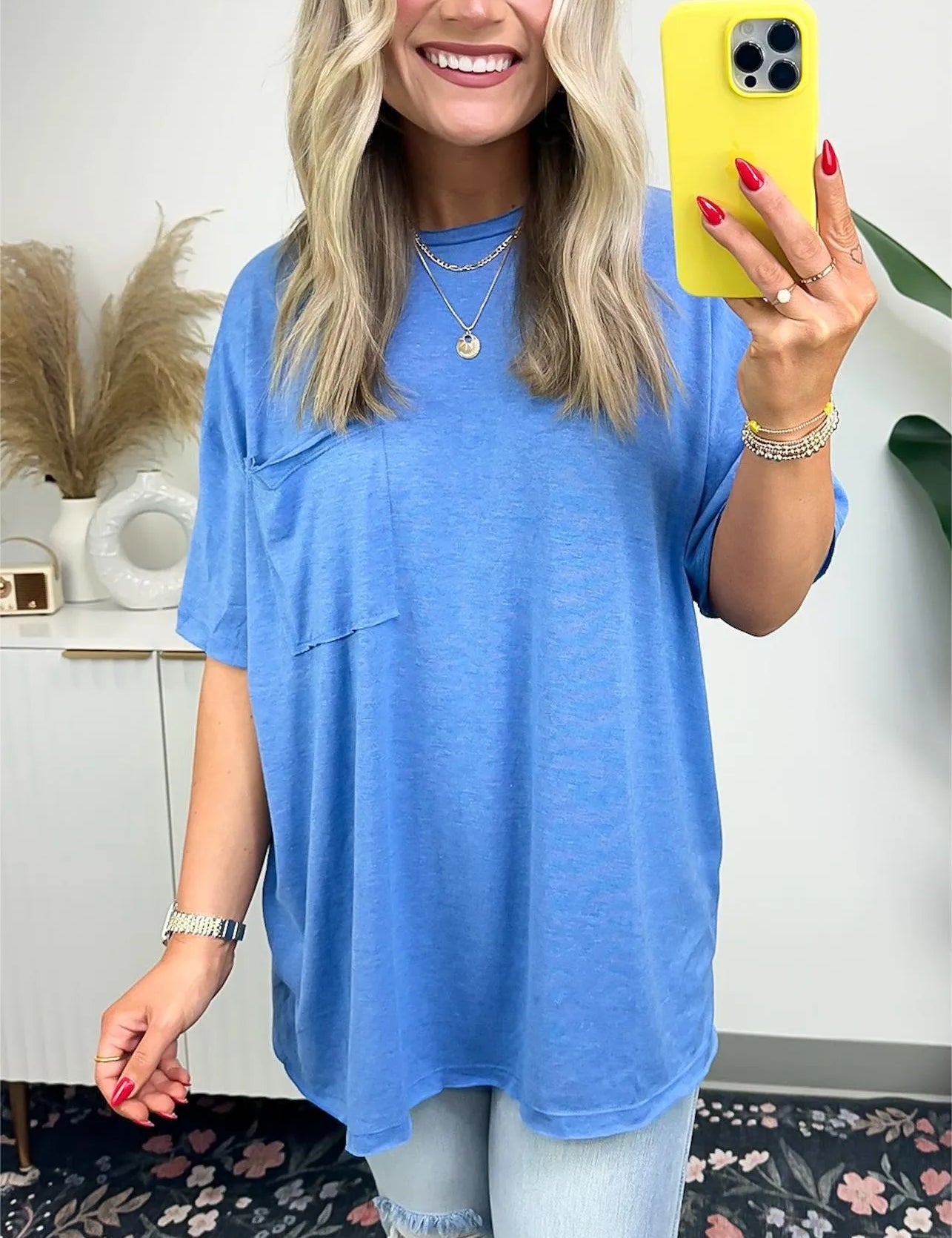 Janessa Boxy Raw Edge Tee – Oversized Top Ocean Blue Top