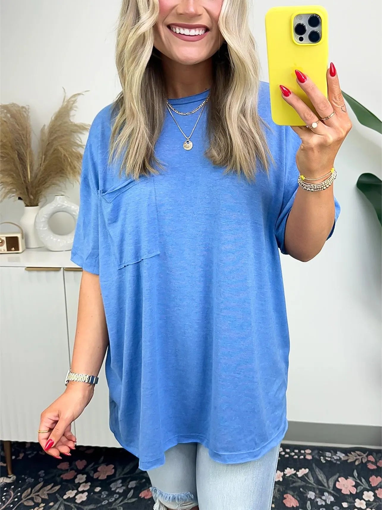 Janessa Boxy Raw Edge Tee – Oversized Top Ocean Blue Top