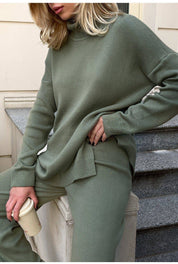 Elegant Split-Hem Turtleneck Sweater olive green Sweater