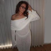 One-Shoulder Knitted Maxi Dress White Dresses