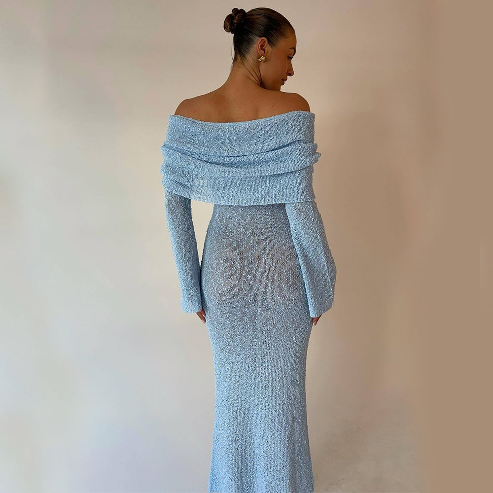 One-Shoulder Knitted Maxi Dress Blue Dresses