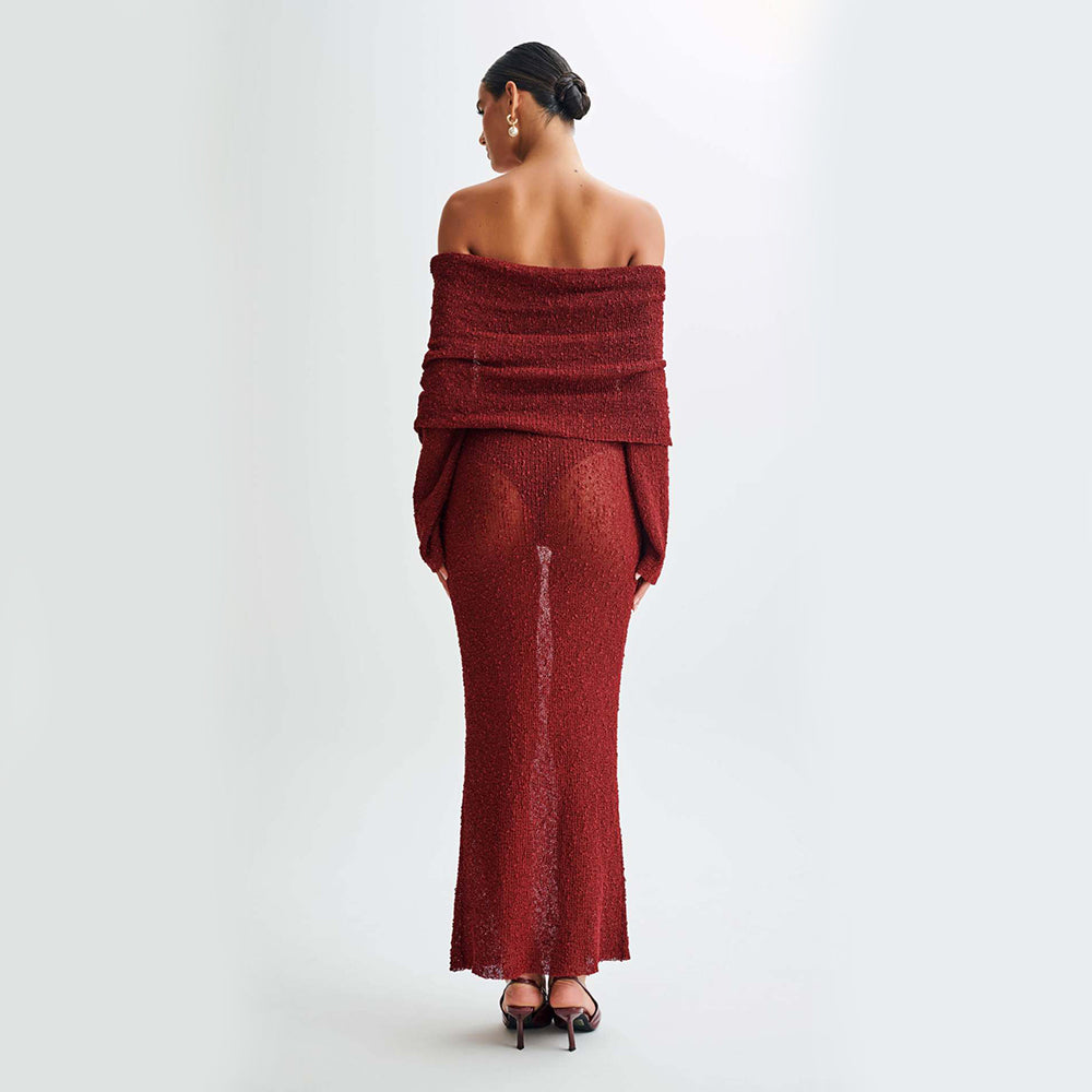 One-Shoulder Knitted Maxi Dress Red Dresses