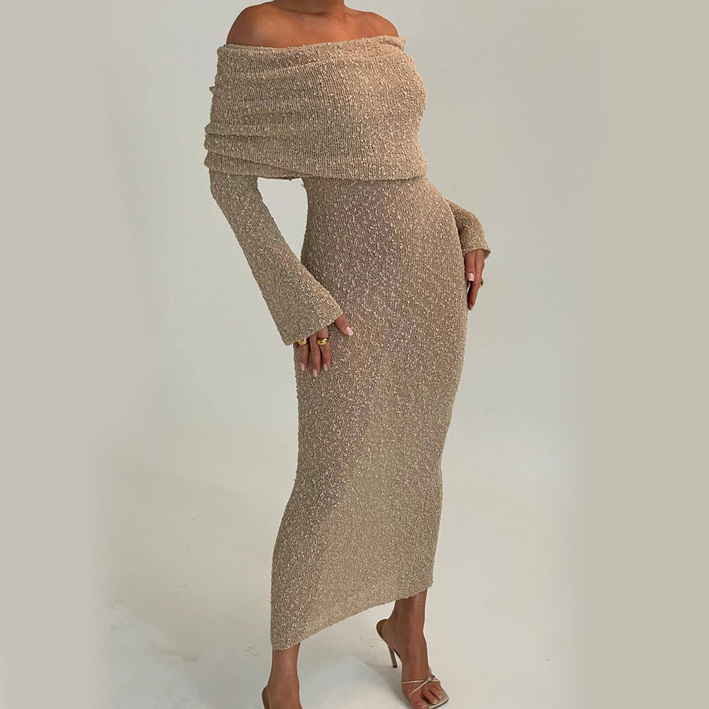 One-Shoulder Knitted Maxi Dress Apricot Dresses
