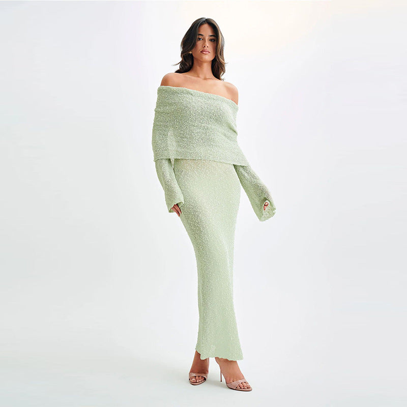 One-Shoulder Knitted Maxi Dress Green Dresses