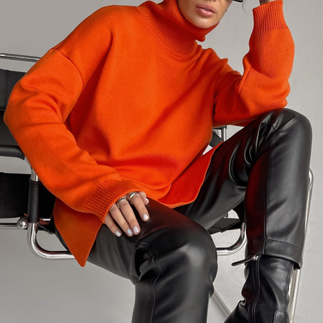 Elegant Split-Hem Turtleneck Sweater Sweater