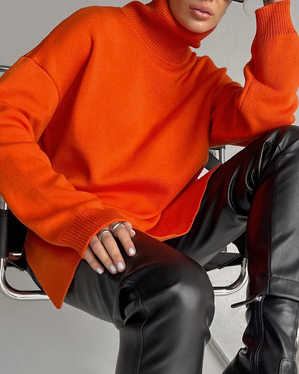 Elegant Split-Hem Turtleneck Sweater Sweater