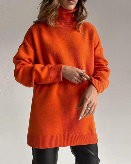 Elegant Split-Hem Turtleneck Sweater Orange Sweater