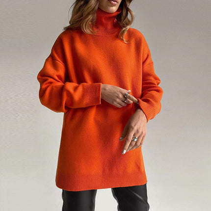 Elegant Split-Hem Turtleneck Sweater Orange Sweater