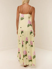 Elegant Yellow Floral Polka Dot Midi Dress Dresses