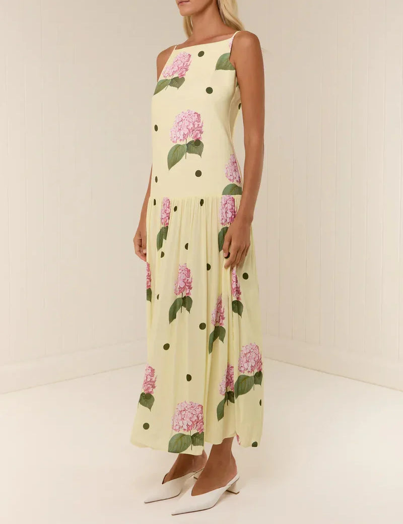 Elegant Yellow Floral Polka Dot Midi Dress Yellow Dresses