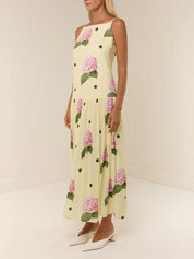 Elegant Yellow Floral Polka Dot Midi Dress Yellow Dresses