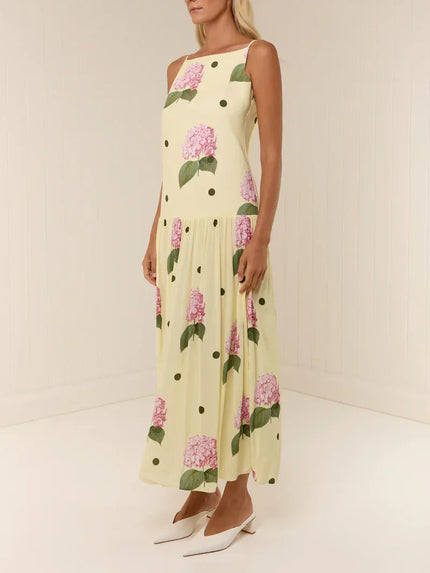 Polka Dot Floral Print Midi Dress Yellow Dresses