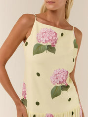 Elegant Yellow Floral Polka Dot Midi Dress Dresses