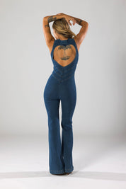 Deep V-Neck Flare Denim Jumpsuit Jumpsuit
