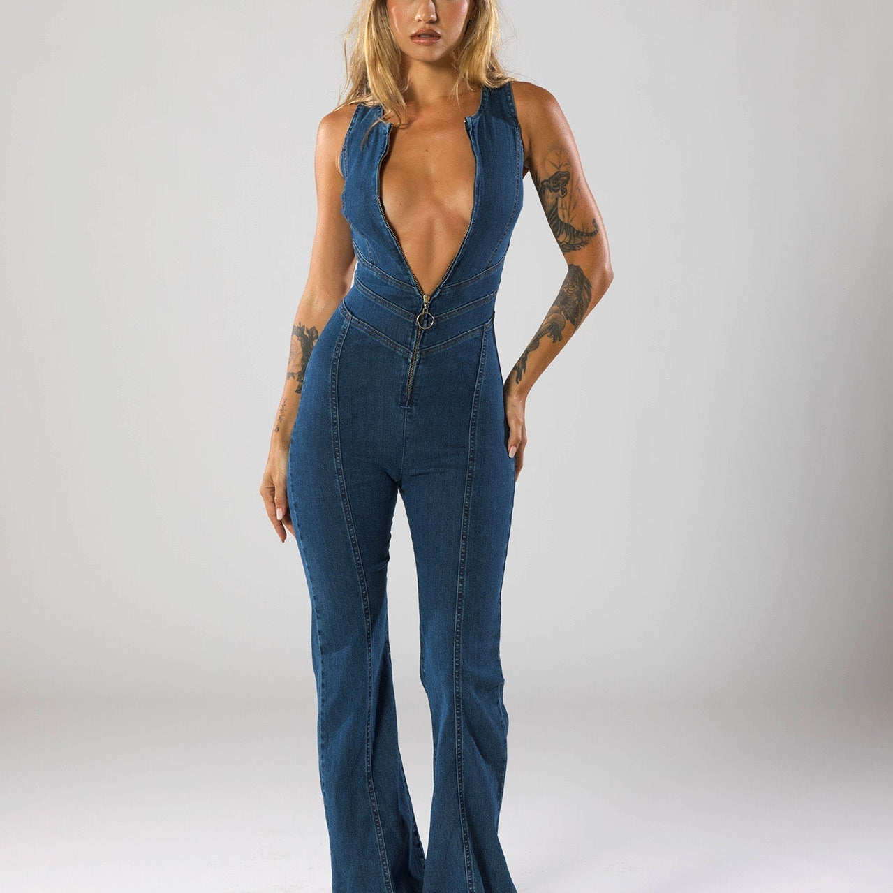 Deep V-Neck Flare Denim Jumpsuit Jumpsuit