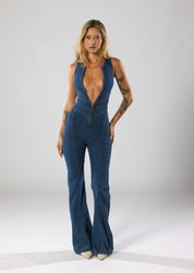 Deep V-Neck Flare Denim Jumpsuit Jumpsuit