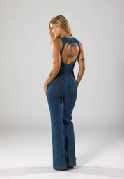 Deep V-Neck Flare Denim Jumpsuit Jumpsuit