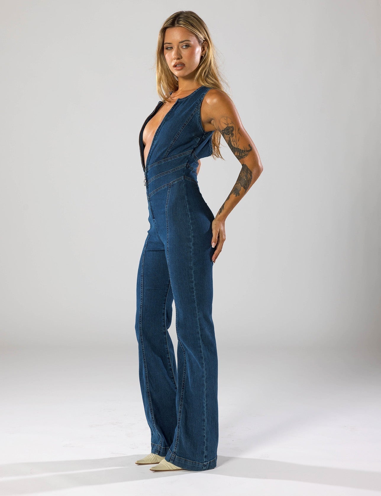 Deep V-Neck Flare Denim Jumpsuit Jumpsuit