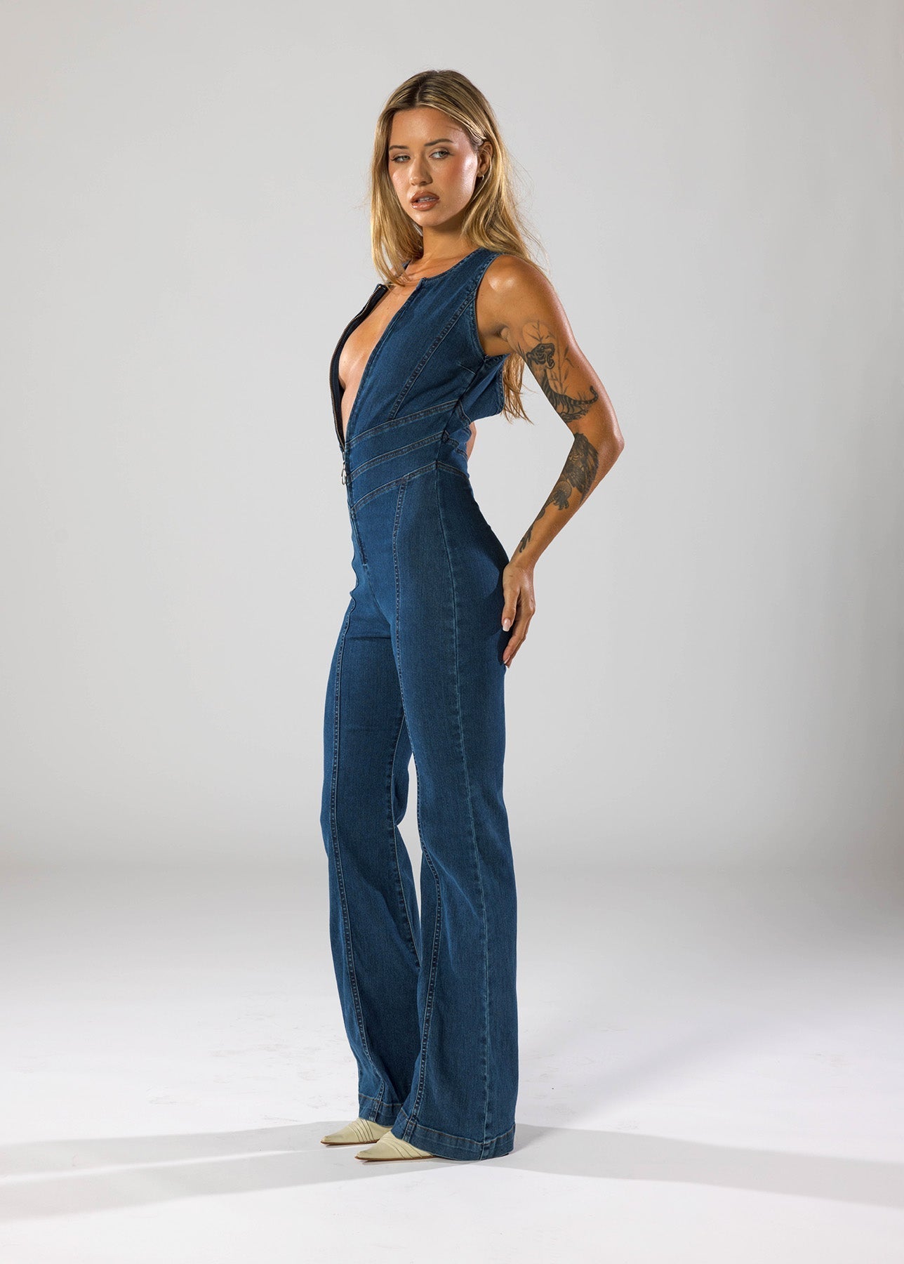 Deep V-Neck Flare Denim Jumpsuit Jumpsuit