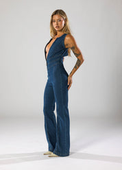 Deep V-Neck Flare Denim Jumpsuit Jumpsuit