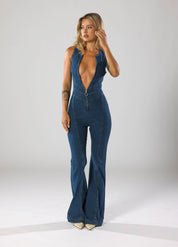 Deep V-Neck Flare Denim Jumpsuit Jumpsuit